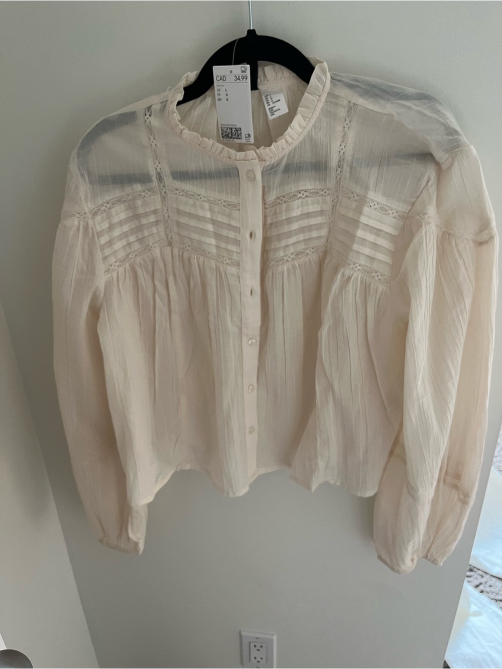 Zara Cream Ruffled Lace Yoke Button-Up Blouse